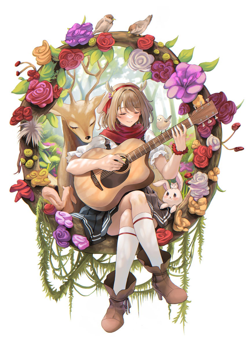 1girl, absurdres, bird, blouse, blush, boots, bracelet, character_request
