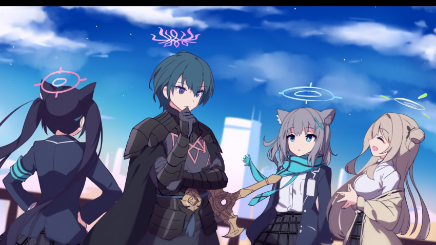 1boy, 3girls, animal_ear_fluff, animal_ears, armor, black_armor, black_hair, blonde_hair, blue_archive, blue_halo, blue_jacket, blue_scarf, blue_sky, byleth_(fire_emblem), byleth_(male)_(fire_emblem), cape, cat_ears, closed_eyes, crest_of_flames, crossover, extra_ears, fire_emblem, fire_emblem:_three_houses, foreclosure_task_force_(blue_archive), green_halo, grey_hair, halo, highres, jacket, looking_afar, mild_(trmsasasa), mismatched_pupils, multiple_girls, nonomi_(blue_archive), open_mouth, pink_halo, purple_halo, scarf, serika_(blue_archive), shiroko_(blue_archive), sky, smile, sword, sword_of_the_creator, vambraces, violet_eyes, weapon, wolf_ears, yellow_jacket