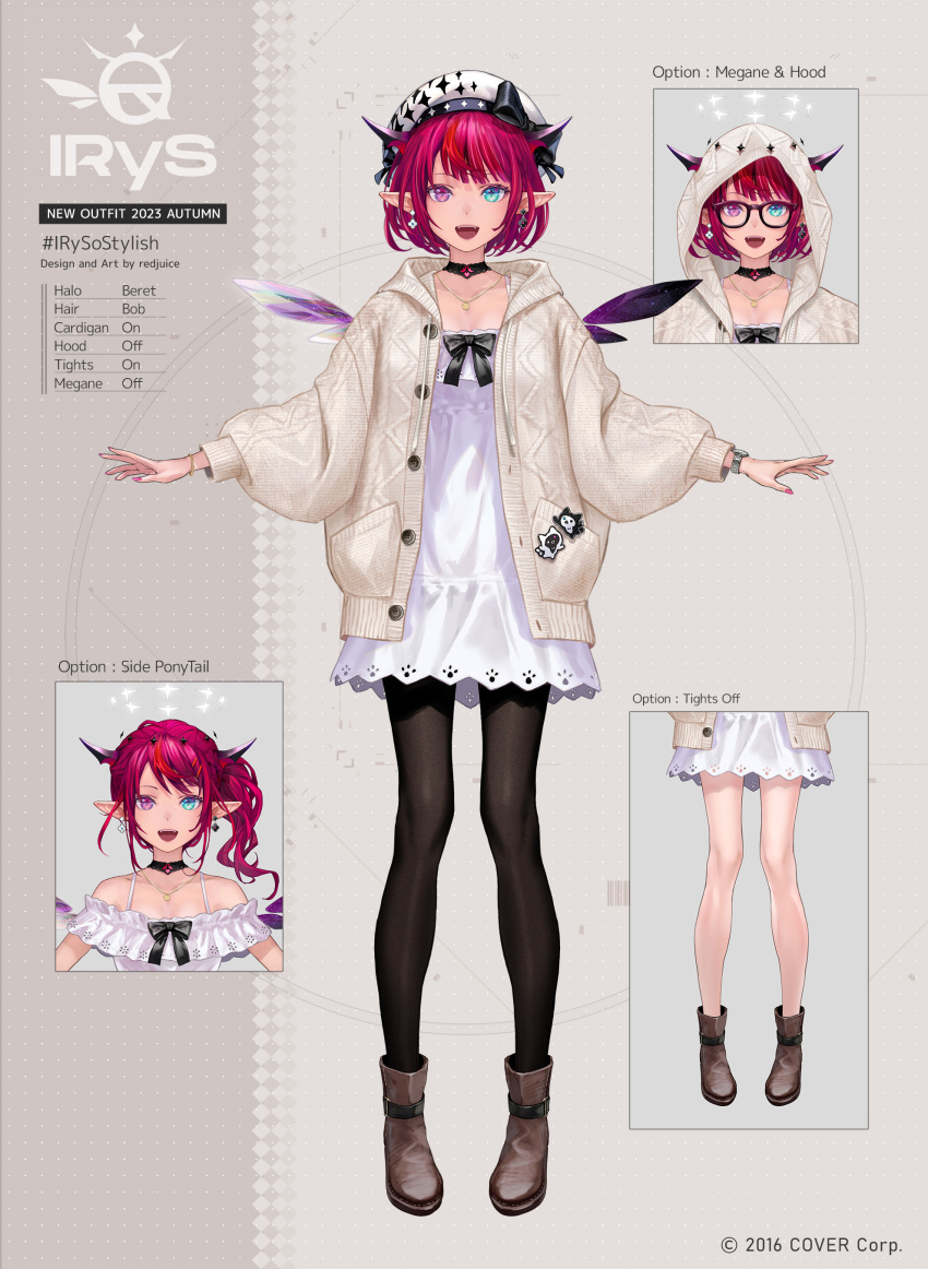 absurdres, alternate_hairstyle, aqua_eyes, beret, black_bow, black_choker, black_pantyhose, bloom_(irys)