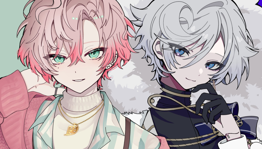 2boys, black_gloves, black_shirt, blue_background, blue_eyes, cardigan, cielomort_(fragaria_memories), closed_mouth, earrings, fragaria_memories, gloves, green_eyes, grey_hair, highres, jewelry, light_green_background, male_focus, merold_(fragaria_memories), multiple_boys, multiple_earrings, necklace, pink_hair, red_cardigan, shirt, short_hair, smile, teeth, turtleneck, violet_eyes, yellow_shirt, yukimi5daifuku