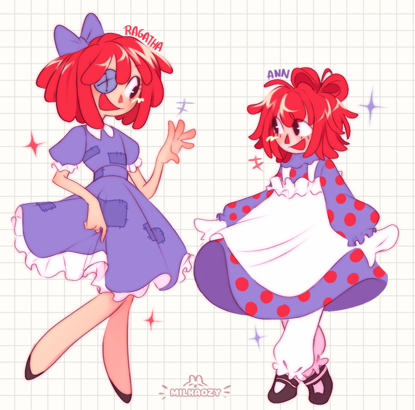 +++, 2girls, :d, apron, artist_name, black_footwear, bloomers, blue_dress