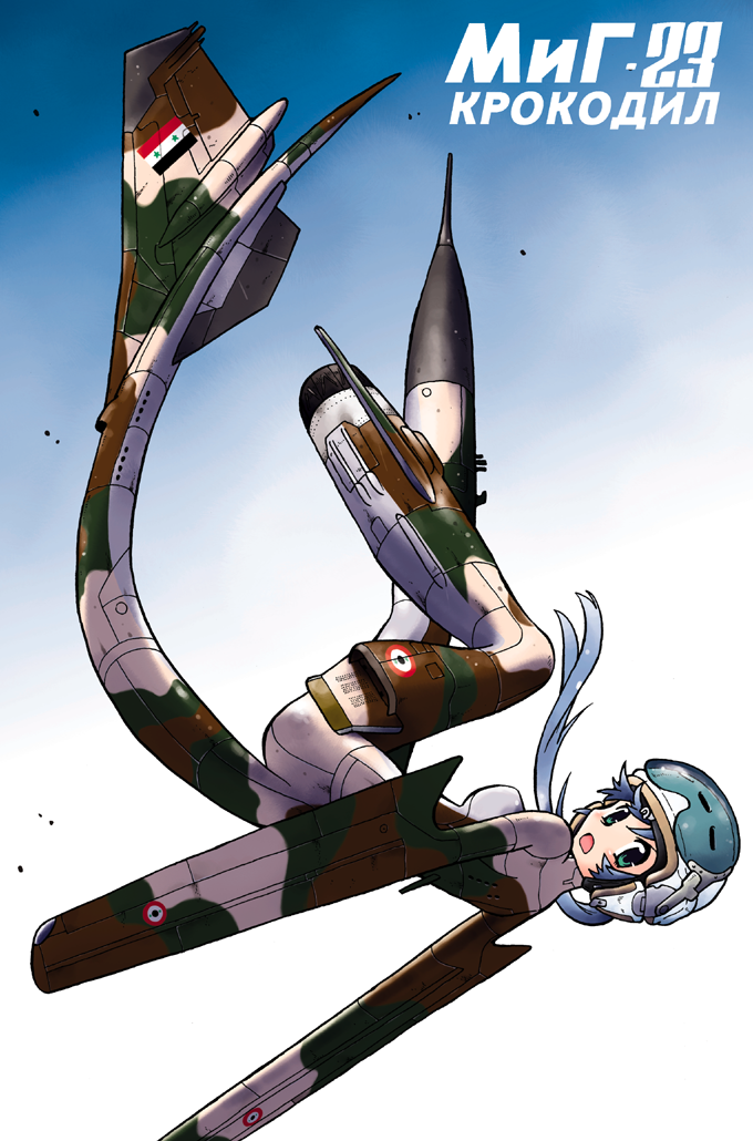 blue_hair, flying, hayami_rasenjin, helmet, jet, long_hair, looking_back, mecha_musume, mig-23, military, original, russian, sky, syria, tail, upside-down