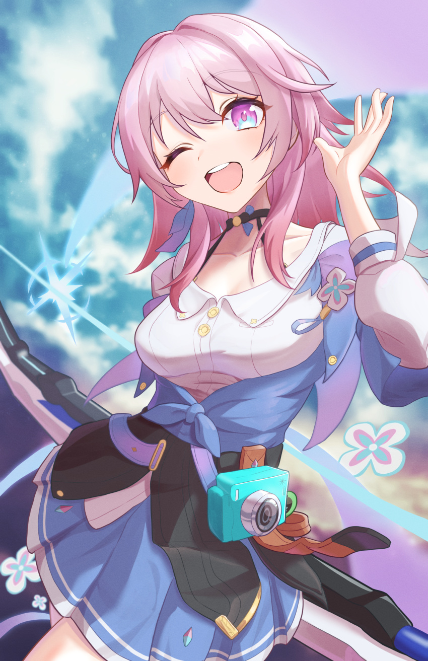 1girl, arm_behind_back, badge, black_choker, black_corset, blue_eyes, blue_jacket, blue_skirt