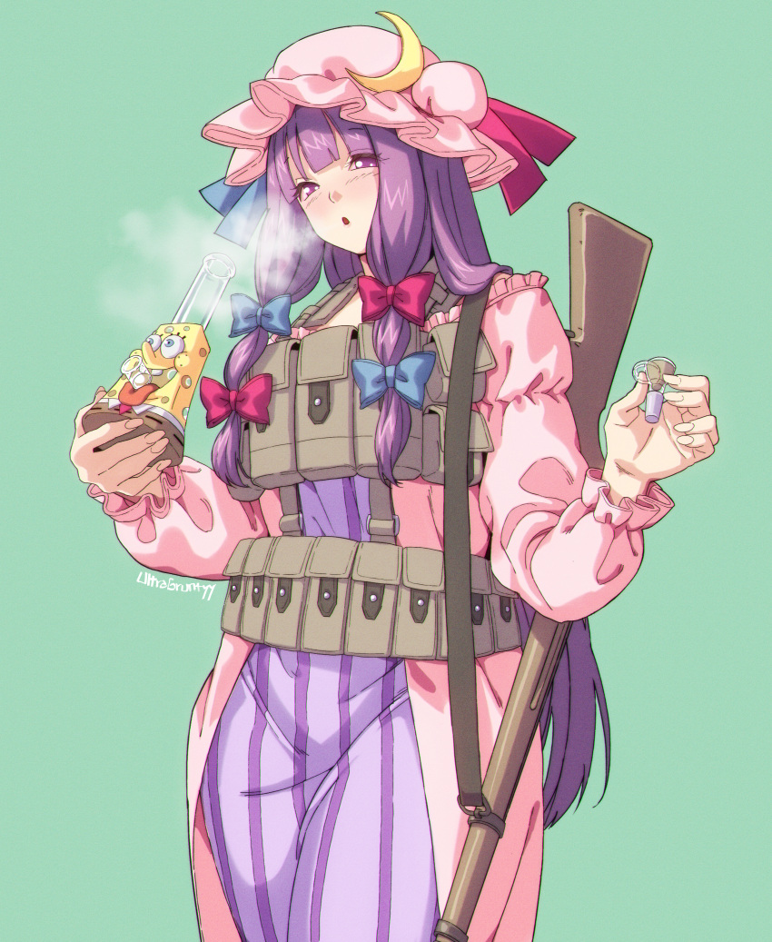 1girl, absurdres, ammunition_pouch, blue_bow, blush, bolt_action, bong, bow
