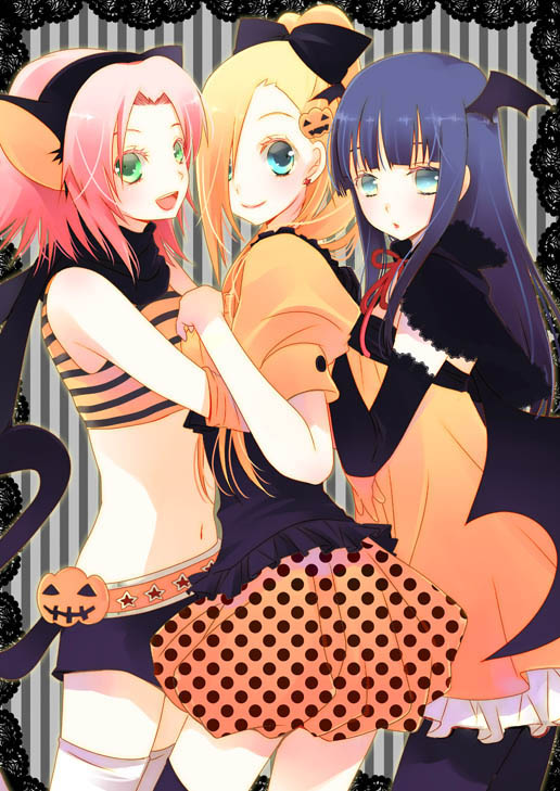 :o, animal_ears, bad_id, belt, blonde_hair, blue_eyes, blue_hair, bow, dress, earrings, elbow_gloves, girl_sandwich, gloves, green_eyes, hair_bow, hair_ornament, hair_over_one_eye, hairband, halloween, haruno_sakura, head_wings, hug, hyuuga_hinata, jewelry, long_hair, midriff, multicolored_eyes, multiple_girls, naruto, navel, pantyhose, pink_hair, polka_dot, pumpkin, ribbon, scarf, short_hair, shorts, skirt, smile, star, striped, thigh-highs, thighhighs, wings, yamanaka_ino, yoshizuna, zettai_ryouiki