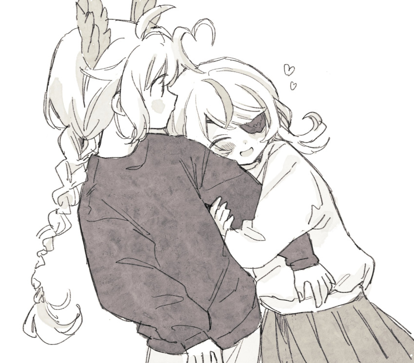 2girls, ahoge, arm_hug, blush, braid, casual, closed_eyes, english_commentary