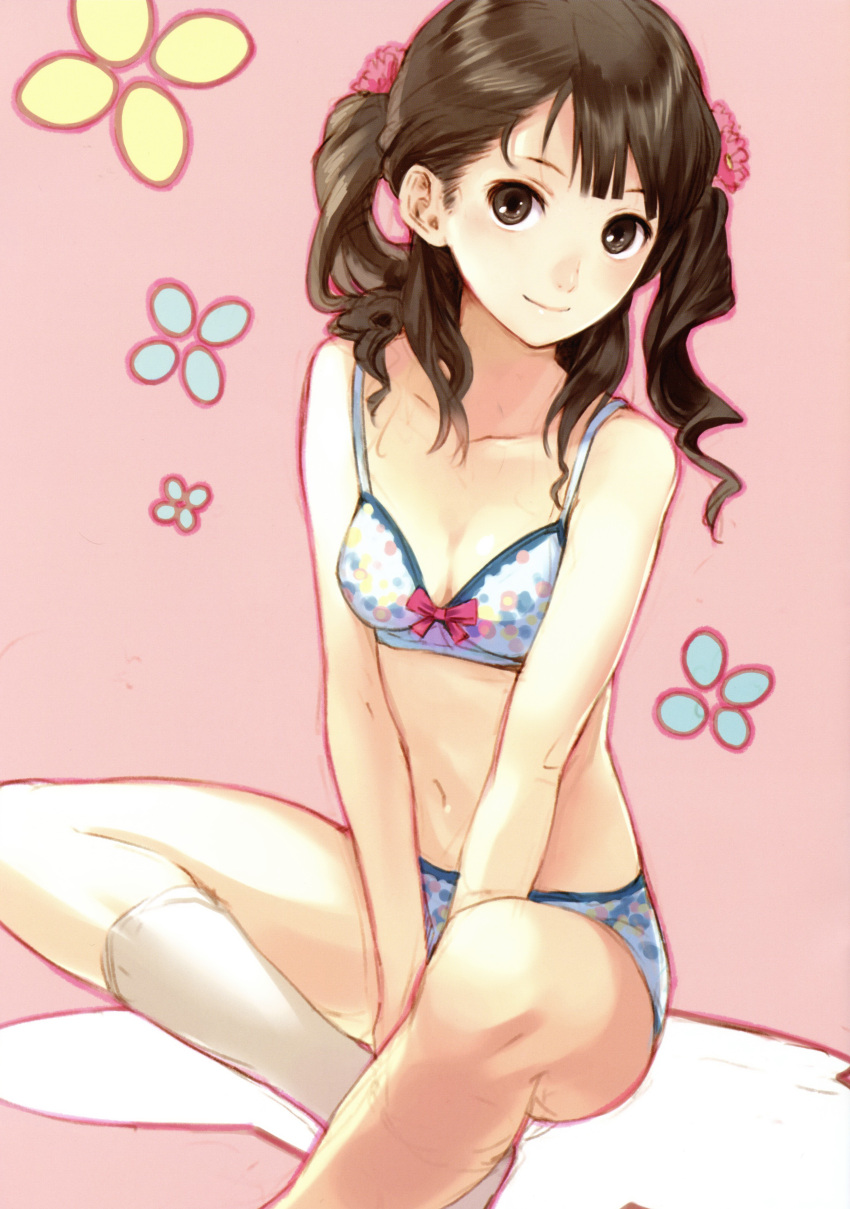 bra, breasts, brown_eyes, brown_hair, cleavage, drill_hair, flower, hair_flower, hair_ornament, highres, kishida_mel, legs, lingerie, long_hair, navel, original, panties, polka_dot, polka_dot_bra, polka_dot_panties, sitting, smile, socks, solo, twintails, underwear, undress