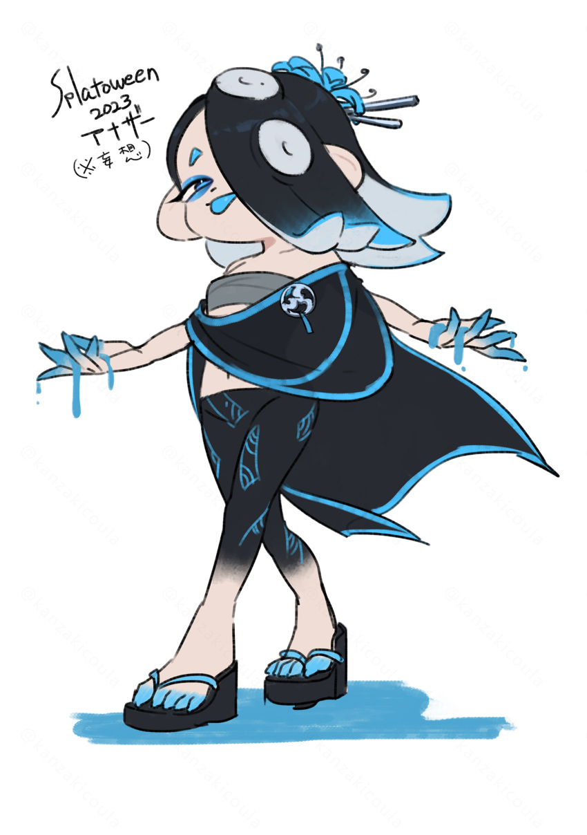 1girl, 2023, alternate_color, asymmetrical_hair, bare_shoulders, black_hair, black_pants, blue_eyes, blue_eyeshadow, blue_flower, blue_hair, blue_skin, blue_spider_lily, blue_tongue, blue_trim, chest_sarashi, closed_mouth, colored_skin, colored_tongue, coula_cat, crossed_legs, eyeshadow, flower, full_body, hair_flower, hair_ornament, hair_over_one_eye, hair_stick, highres, light_blue_hair, long_hair, makeup, multicolored_hair, multicolored_skin, navel, official_alternate_costume, pants, poncho, sarashi, shiver_(splatoon), simple_background, smile, solo, spider_lily, splatoon_(series), splatoon_3, tentacle_hair, tight_clothes, tight_pants, tongue, tongue_out, two-tone_hair, two-tone_skin, watson_cross, white_background, white_hair, zouri