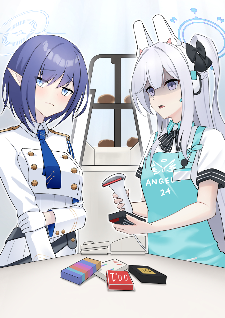 2girls, angel's_24_uniform_(blue_archive), animal_ears, answering, aoi_(blue_archive), apron, barcode_scanner, black_bow
