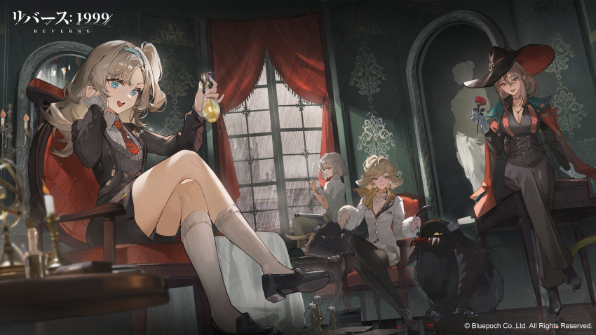 black_footwear, blonde_hair, blue_eyes, candle, cristallo, flower, highres, holding