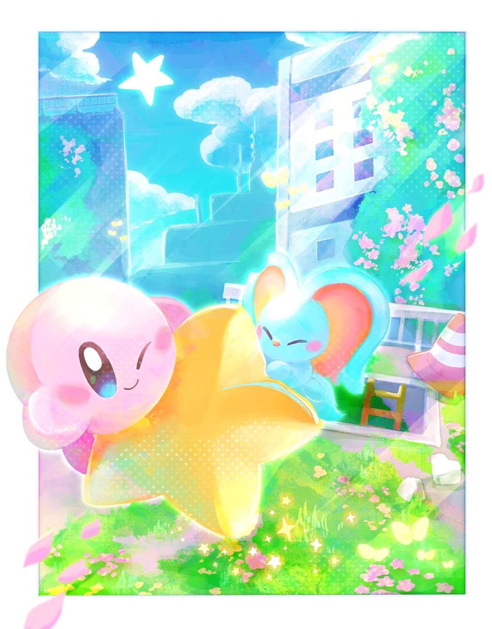 ^_^, blue_eyes, blue_sky, blush, blush_stickers, border, bug, building