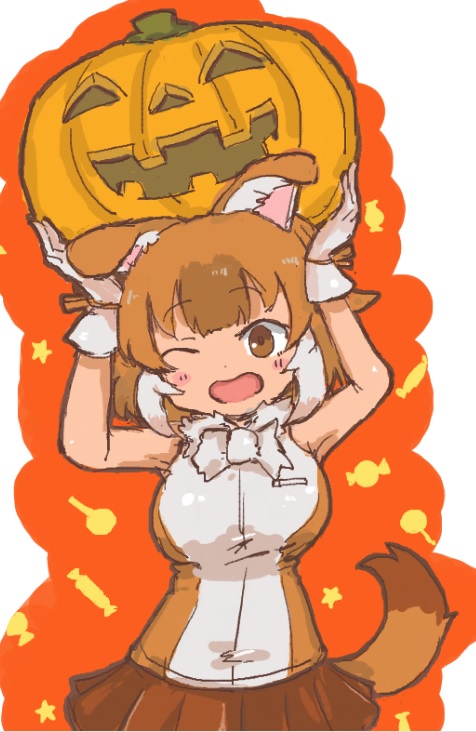 1girl, animal_ears, bare_shoulders, blush, brown_eyes, brown_hair, brown_shirt, brown_skirt, cowboy_shot, dhole_(kemono_friends), dog_ears, dog_girl, ears_down, gloves, jack-o'-lantern, kemono_friends, light_brown_hair, multicolored_hair, nashi_umai, one_eye_closed, open_mouth, pleated_skirt, pumpkin, shirt, short_hair, sidelocks, skirt, smile, solo, two-tone_shirt, white_gloves, white_hair, white_shirt