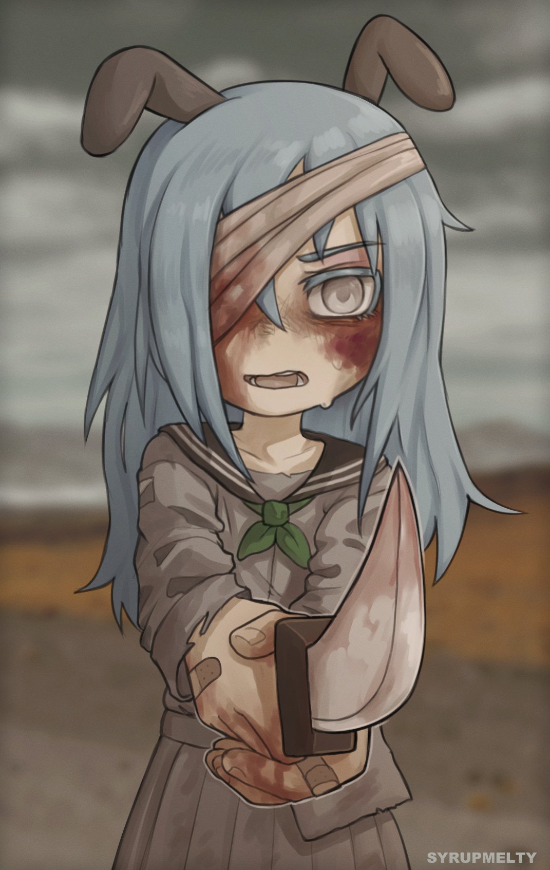 1girl, aiming, aiming_at_viewer, animal_ears, artist_name, bandage_over_one_eye, bandaid, bandaid_on_hand, blood, blood_on_face, blood_on_hands, blue_hair, blurry, blurry_background, bruise, bruise_on_face, colored_eyelashes, green_neckerchief, grey_eyes, grimace, hair_over_one_eye, hello_girl, highres, holding, holding_knife, injury, knife, light_blue_hair, long_hair, looking_at_viewer, lop_rabbit_ears, narrowed_eyes, neckerchief, nervous_sweating, outdoors, pleated_skirt, rabbit_ears, sailor_collar, sailor_shirt, shirt, skirt, standing, sweat, syrupmelty, trembling, twilight, upper_body, yunozha_moonbeam_(hello_girl)