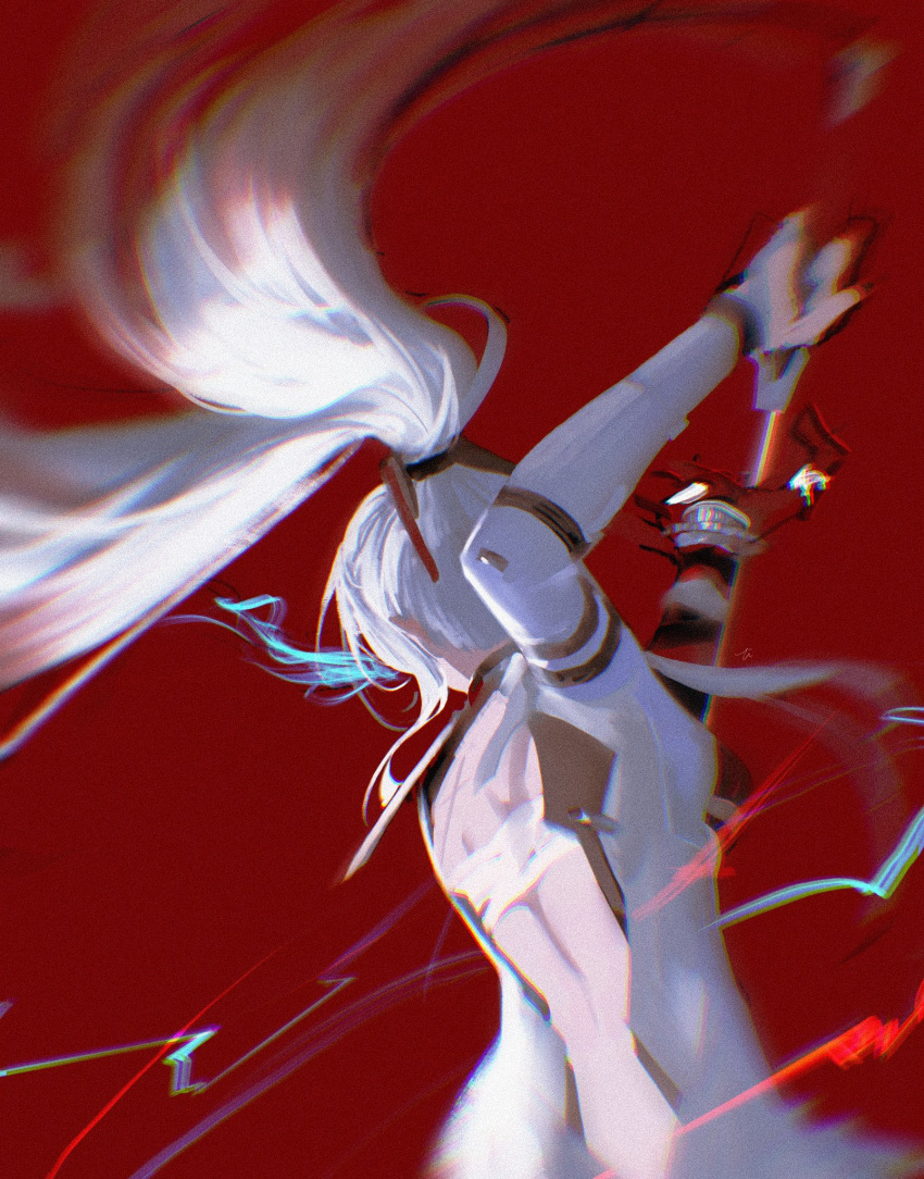 1girl, alpha_(punishing:_gray_raven), backless_jacket, cheng_(zi74438982), flaming_eye, from_behind, gradient_hair, grey_jacket