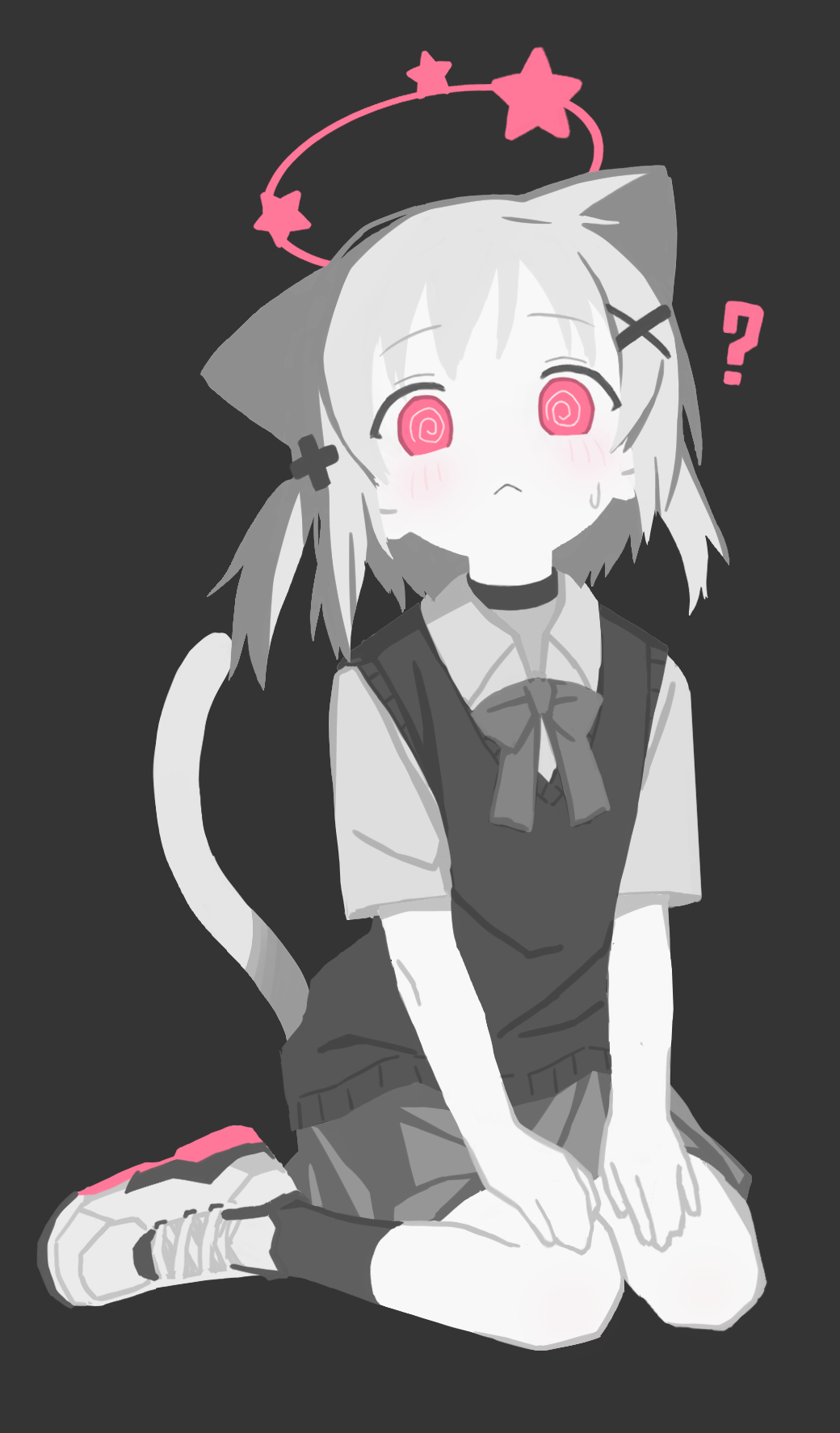 1girl, :<, ?, @_@, animal_ears, blush, bow, bowtie, cat_ears, cat_girl, cat_tail, choker, collared_shirt, commentary, confused, full_body, hair_ornament, halo, hands_on_lap, highres, limited_palette, looking_at_viewer, lurenjia, medium_hair, original, pink_eyes, pink_halo, school, seeing_stars, shirt, shoes, short_sleeves, sitting, skirt, sneakers, solo, sweatdrop, sweater_vest, symbol-only_commentary, tail, two_side_up, wariza, x_hair_ornament