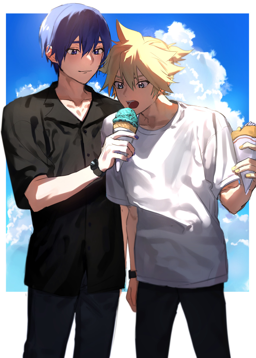 2boys, absurdres, black_shirt, blonde_hair, blue_eyes, blue_hair, blue_sky, blush