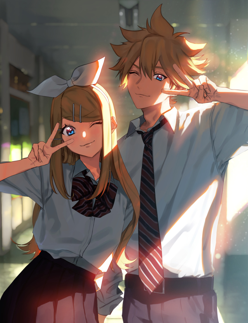 1boy, 1girl, aged_up, blonde_hair, blue_eyes, blurry, blurry_background, bow