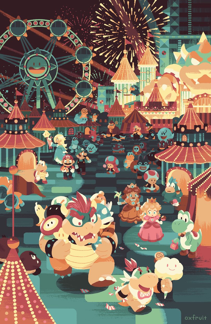1-up_mushroom, 5girls, 6+boys, :d, aerial_fireworks, amusement_park, artist_name, banana_peel