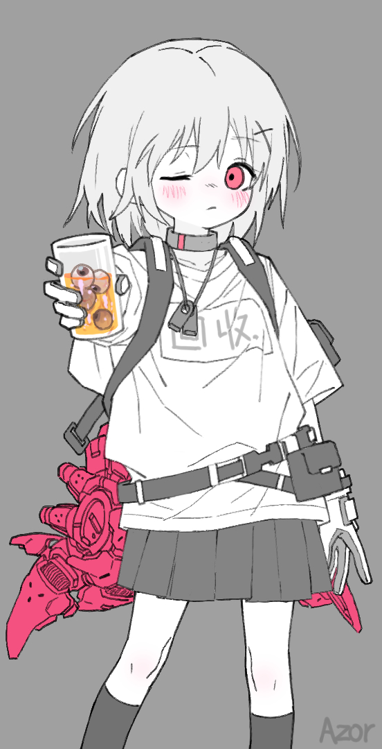 1girl, artist_name, backpack, bag, belt, belt_pouch, blush, chinese_commentary
