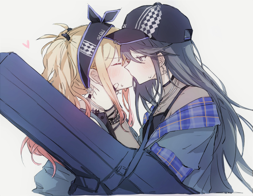00xzzz1202, 2girls, baseball_cap, black_eyes, black_hair, black_hairband, black_headwear, blonde_hair, blue_jacket, blush, commentary, cropped_torso, ear_blush, earrings, from_side, hairband, hand_on_another's_neck, hat, heart, highres, hoshino_ichika_(project_sekai), instrument_case, jacket, jewelry, kiss, long_hair, multiple_girls, off_shoulder, project_sekai, see-through, see-through_sleeves, sidelocks, simple_background, studded_bracelet, sweat, symbol-only_commentary, tenma_saki, two_side_up, upper_body, white_background, yuri