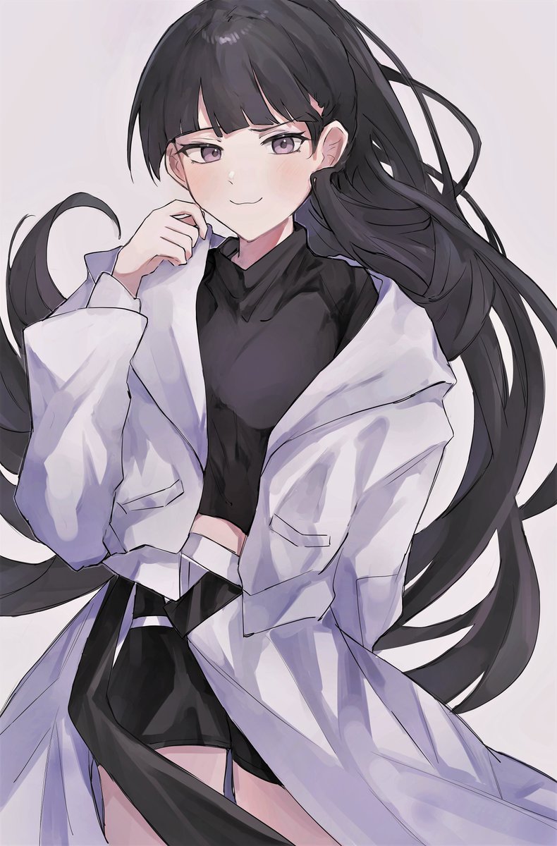 00xzzz1202, 1girl, :3, black_eyes, black_hair, black_shirt, black_shorts, blunt_bangs