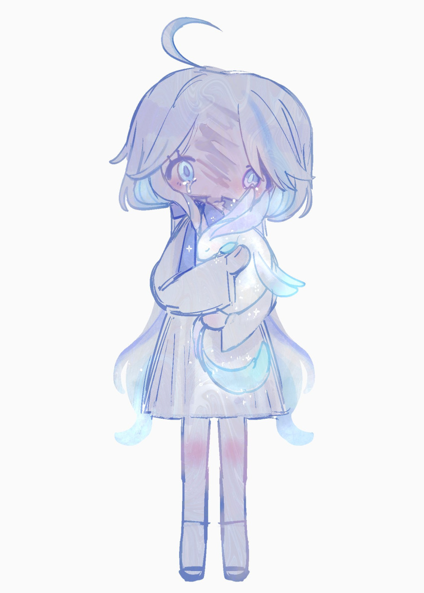 1girl, ahoge, animal, crying, dragon, dress, full_body, furina_(genshin_impact)