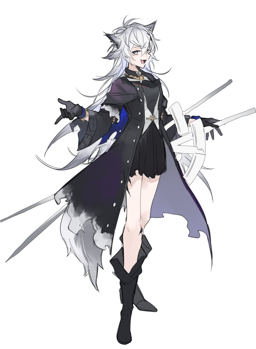 1girl, absurdres, animal_ears, arknights, black_coat, black_dress, black_footwear, black_gloves