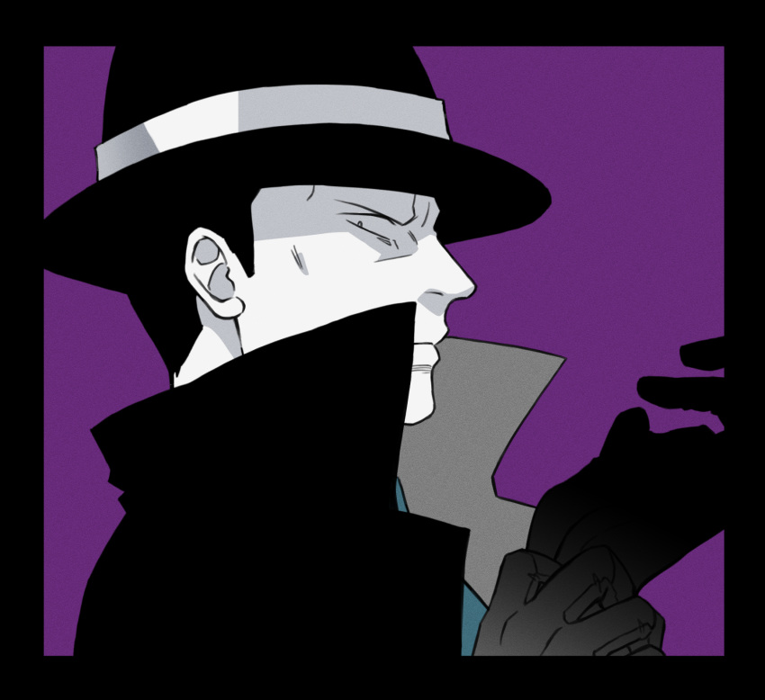 1boy, adjusting_clothes, adjusting_gloves, black_border, border, coat, commentary_request, from_side