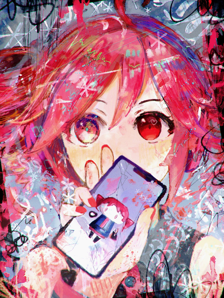 1girl, abstract, ahoge, anmoromochi, asterisk_(symbol), asymmetrical_eyes, black_shirt, blush, cellphone_picture, chibi, chromatic_aberration, collared_shirt, commentary_request, covered_mouth, cracked_screen, detached_sleeves, drill_hair, dual_persona, grey_background, hand_up, heart, heart_in_eye, highres, hito_mania_(utau), holding, holding_phone, kasane_teto, looking_at_viewer, phone, portrait, red_nails, redhead, shirt, short_hair, sleeveless, sleeveless_shirt, solo, symbol_in_eye, twin_drills, utau