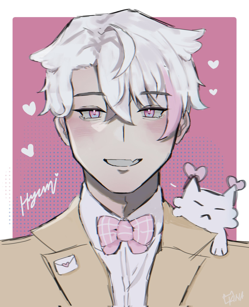 1boy, border, bow, bowtie, brown_jacket, collared_jacket, commentary, dccxx_kina, fang, formal, genderswap, genderswap_(ftm), head_wings, heart, highres, hyuni_(character), hyunite, indie_virtual_youtuber, jacket, looking_at_viewer, male_focus, multicolored_hair, open_mouth, original, outside_border, owl_girl, pink_background, pink_bow, pink_bowtie, pink_eyes, pink_hair, portrait, sharp_teeth, shirt, skin_fang, straight-on, suit_jacket, teeth, two-tone_hair, white_border, white_hair, white_shirt, wings