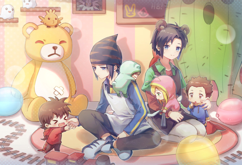 1girl, 5boys, 5others, aged_down, animal_ears, apron, balloon, beanie
