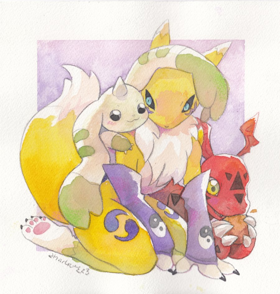 3others, artist_name, black_sclera, blue_eyes, chibicheu, colored_sclera, cookie, digimon