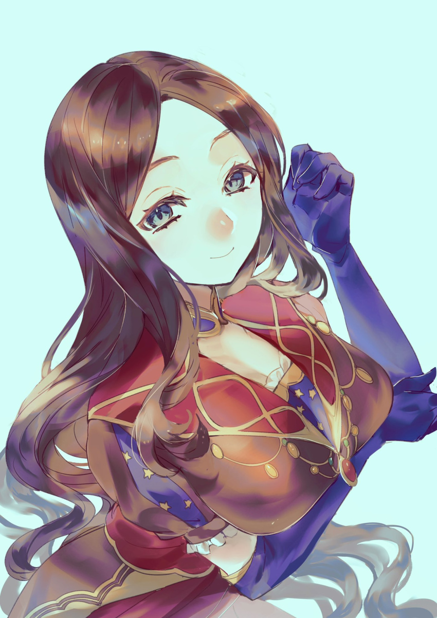 1girl, aqua_background, arm_under_breasts, blue_collar, blue_eyes, blue_gloves, breasts, brown_hair