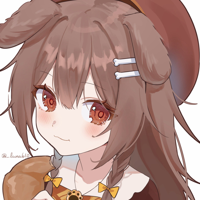 :3, animal_ears, beret, blush, bone_hair_ornament, bow, braided_sidelock, brown_eyes