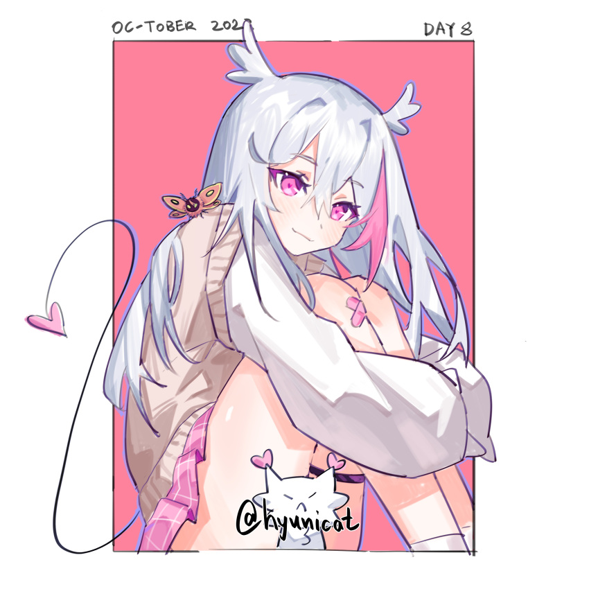 1girl, absurdres, bow, bowtie, demon_girl, head_wings, highres, hyuni_(character), hyunite, indie_virtual_youtuber, maplesights, moth_kun, multicolored_hair, original, owl_ears, owl_girl, pink_eyes, pink_hair, school_uniform, tail, two-tone_hair, white_hair, wings