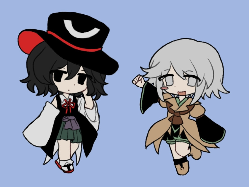 2others, androgynous, ascot, black_eyes, black_hair, black_headwear, black_shorts, black_socks