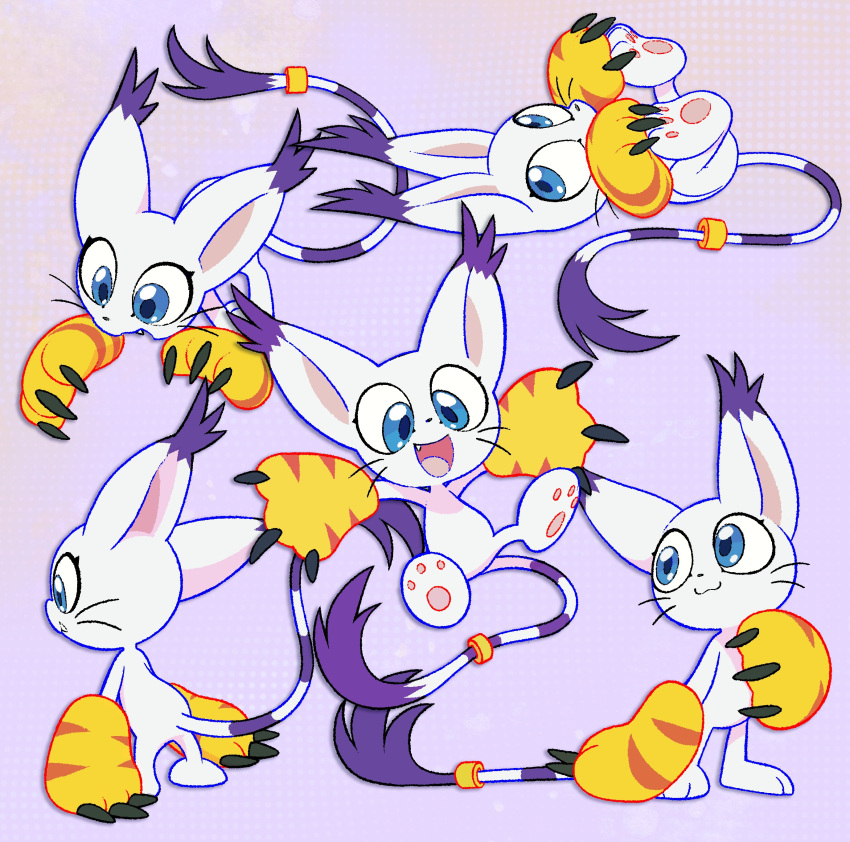 1other, :3, :d, absurdres, animal_hands, back, blue_eyes, cat, cat_paws, claws, dawnf1re, digimon, digimon_(creature), expressions, fang, furry, furry_female, gloves, hands_on_own_feet, highres, holy_ring, lying, multiple_persona, on_back, purple_background, reference_sheet, smile, solo, standing, striped, striped_gloves, tail, tail_ornament, tail_ring, tailmon, very_long_tail, whiskers, yellow_gloves
