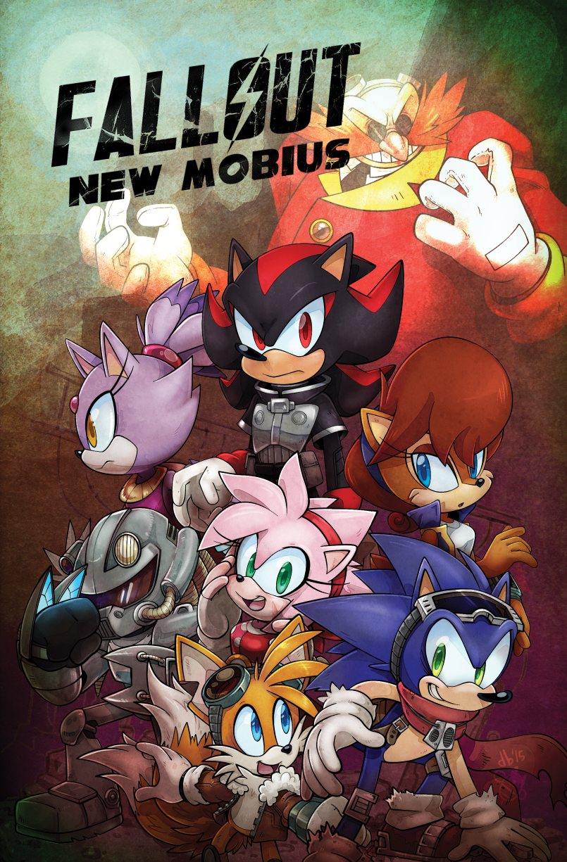 3girls, 5boys, amy_rose, black_fur, blaze_the_cat, blue_eyes, blue_fur, brown_fur, brown_jacket, deebs, dr._eggman, eyelashes, facial_hair, fallout_(series), fallout_new_vegas, forehead_jewel, glasses, gloves, goggles, goggles_on_head, gold_necklace, green_eyes, grin, hairband, highres, jacket, jewelry, knuckles_the_echidna, multiple_boys, multiple_girls, mustache, necklace, necktie, open_clothes, open_jacket, orange_fur, pink_fur, power_armor, purple_fur, red_eyes, red_hairband, red_scarf, sally_acorn, scarf, shadow_the_hedgehog, smile, sonic_(series), sonic_the_hedgehog, tails_(sonic), two-tone_fur, white_fur, white_gloves, yellow_eyes