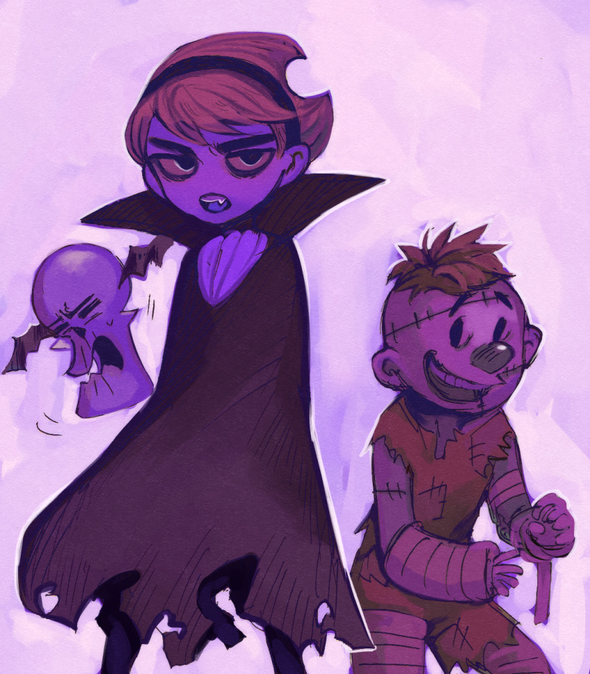 1girl, 2boys, bat_wings, billy_(grim_adventures), black_cape, cape, cartoon_network, cosplay, death_(entity), fang, frankenstein's_monster, frankenstein's_monster_(cosplay), grim_(grim_adventures), halloween, happy, highres, kabochashige, mandy_(grim_adventures), multiple_boys, open_mouth, simple_background, smile, standing, teeth, the_grim_adventures_of_billy_&amp;_mandy, toon_(style), upper_teeth_only, vampire, wings, zombie