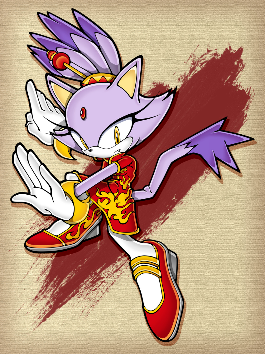 1girl, animal_ears, blaze_the_cat, cat_ears, cat_girl, cat_tail, chinese_clothes, dress, eyelashes, fang, flame_print, forehead_jewel, furry, furry_female, fuzon-s, gloves, gold_trim, hair_ornament, highres, looking_at_viewer, neo_(blazykun), ponytail, purple_fur, red_dress, red_footwear, sonic_(series), tail, uekawa_yuji_(style), white_gloves, yellow_eyes