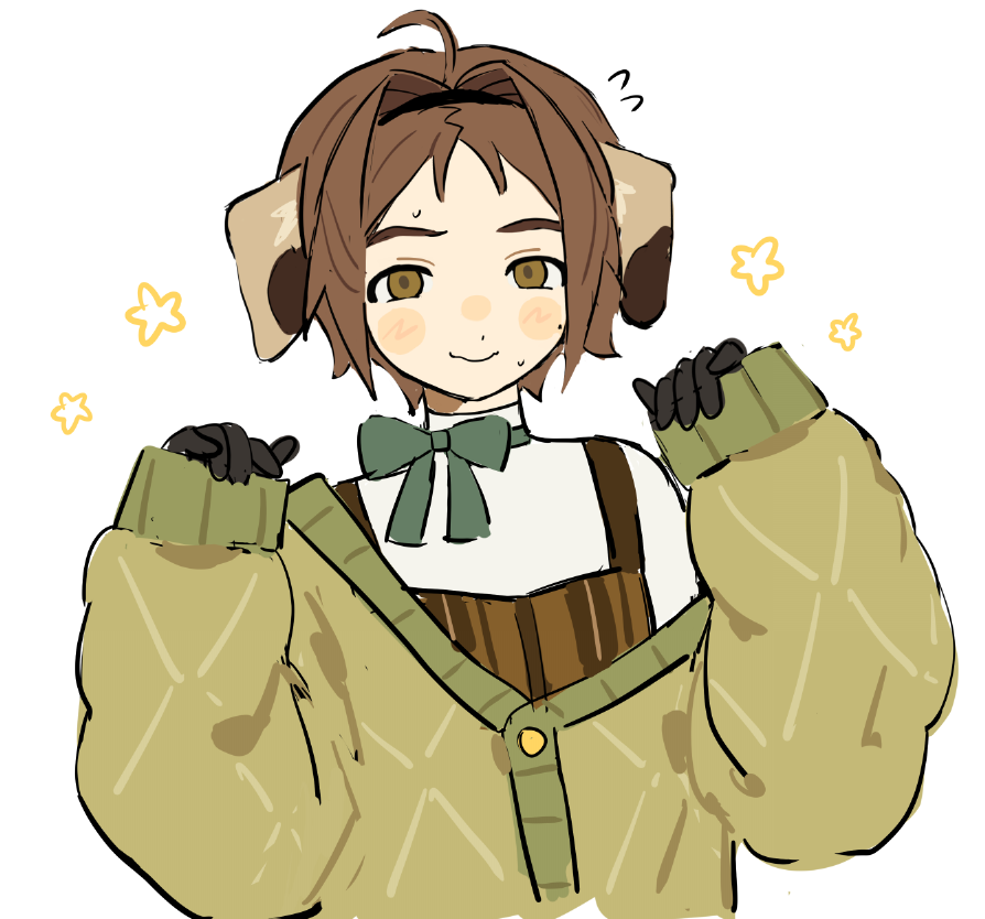 1girl, animal_ears, black_gloves, brown_eyes, brown_hair, flying_sweatdrops, gloves, hands_up, indie_virtual_youtuber, long_sleeves, looking_at_viewer, mota_(motaberrie), motaberrie_(vtuber), short_hair, simple_background, sleeves_past_wrists, smile, solo, sweat, upper_body, virtual_youtuber, white_background