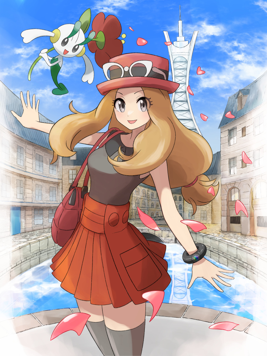 1girl, :d, absurdres, bag, bracelet, building, clouds, collared_shirt