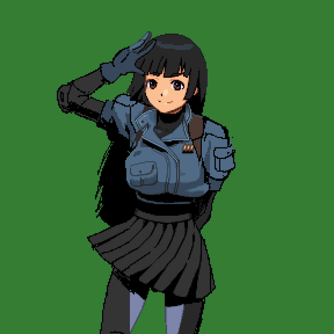 1girl, black_hair, black_skirt, bodysuit, breasts, brown_eyes, elbow_pads, hime_cut