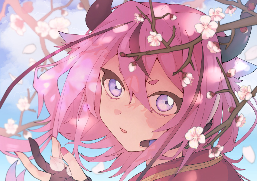 1other, black_gloves, black_hair, blue_hair, blue_sky, blurry, blurry_background, blurry_foreground