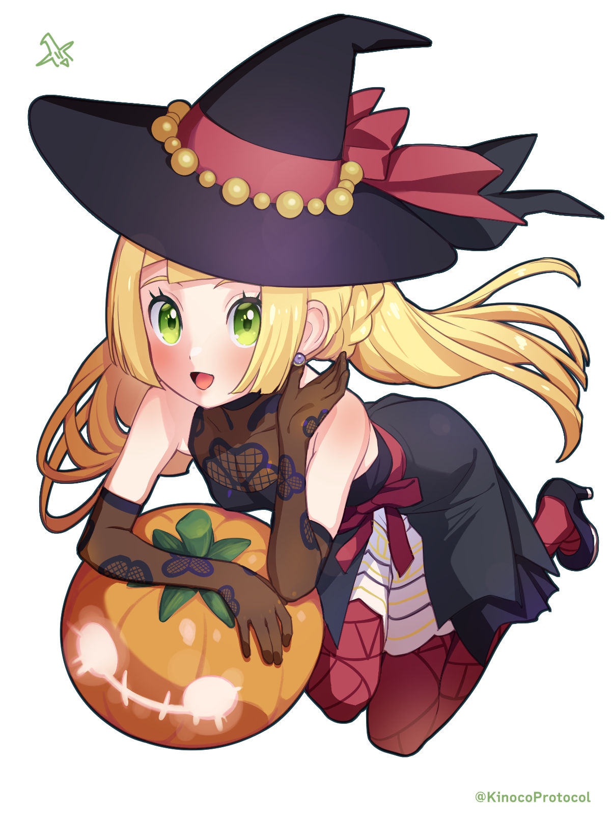 1girl, :d, beads, black_dress, black_footwear, black_headwear, blonde_hair, blush, braid, brown_gloves, commentary_request, cosplay, dress, earrings, elbow_gloves, eyelashes, gloves, green_eyes, hands_up, hat, hat_ribbon, high_heels, highres, jack-o'-lantern, jewelry, kinocopro, lillie_(pokemon), long_hair, open_mouth, pantyhose, pokemon, pokemon_(game), pokemon_masters_ex, pokemon_sm, ribbon, roxanne_(pokemon), roxanne_(pokemon)_(cosplay), smile, solo, tongue, white_background, witch_hat