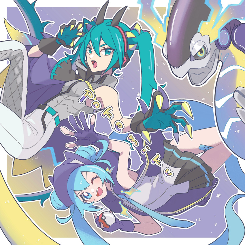 2girls, aqua_eyes, aqua_hair, bandaid, bandaid_on_leg, belt, blue_eyes, blue_hair