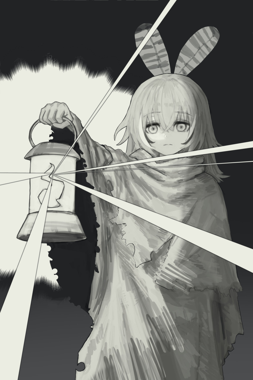 1girl, absurdres, black_background, cloak, failose, feathers, frown, greyscale