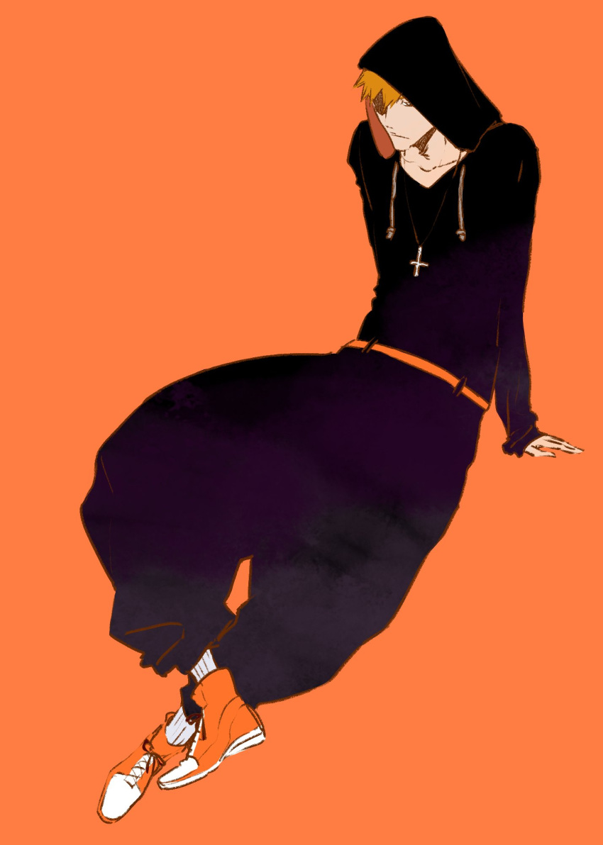 1boy, baggy_pants, belt, black_pants, black_shirt, bleach, braised_goose, highres