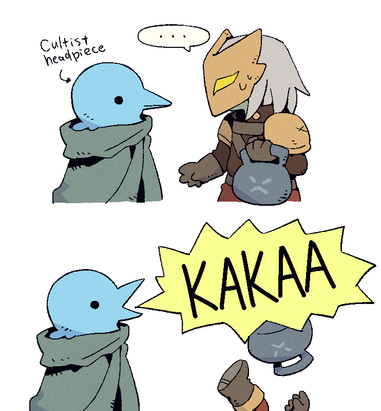 1boy, 1other, cloak, colored_skin, cultist_(slay_the_spire), dumbbell, english_text, green_skin
