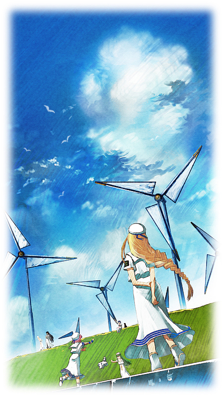 akira_ferrari, alice_carroll, alicia_florence, aria, aria_pokoteng, athena_glory, beret, black_cat, black_hair, blonde_hair, braid, cat, cloud, clouds, everyone, green_hair, hat, hime_granzchesta, hirokiku, long_hair, mizunashi_akari, multiple_girls, pink_hair, president_maa, sky, uniform, wind_turbine, windmill